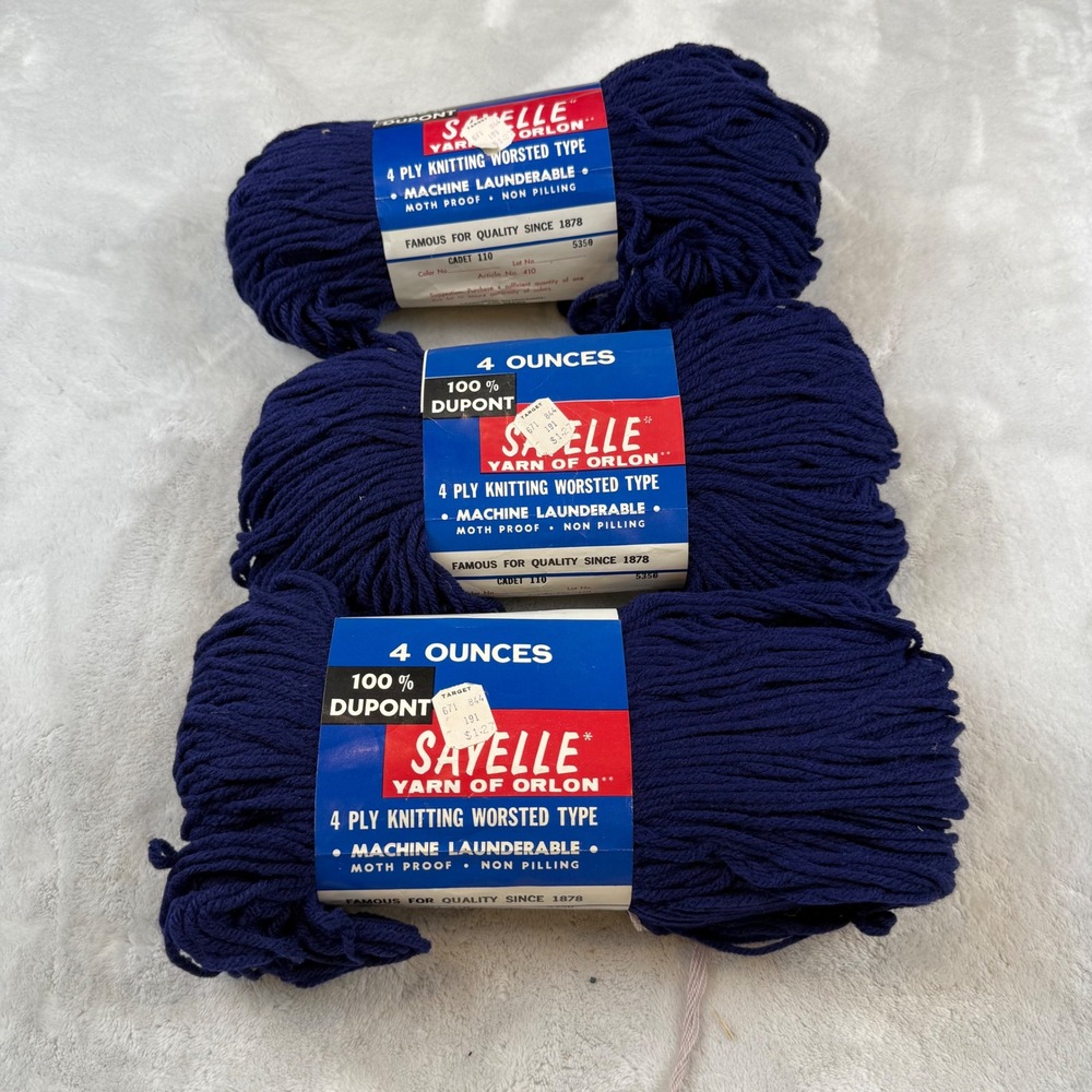 Sayelle Yarn Orlon Navy Blue 4 Ply Knitting Worsted Type Dupont Acrylic 3 Skeins